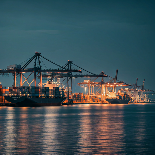 Chiba port at dusk with cranes and ships reflected in the water.