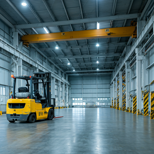Interior of a modern logistics warehouse with forklifts and marked industrial lanes.
