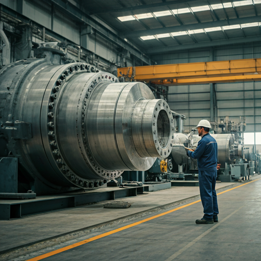 Large industrial machine being inspected inside a factory hall.