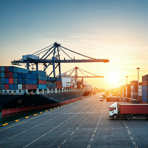 Industrial port with trucks and cranes during an early morning logistics window.