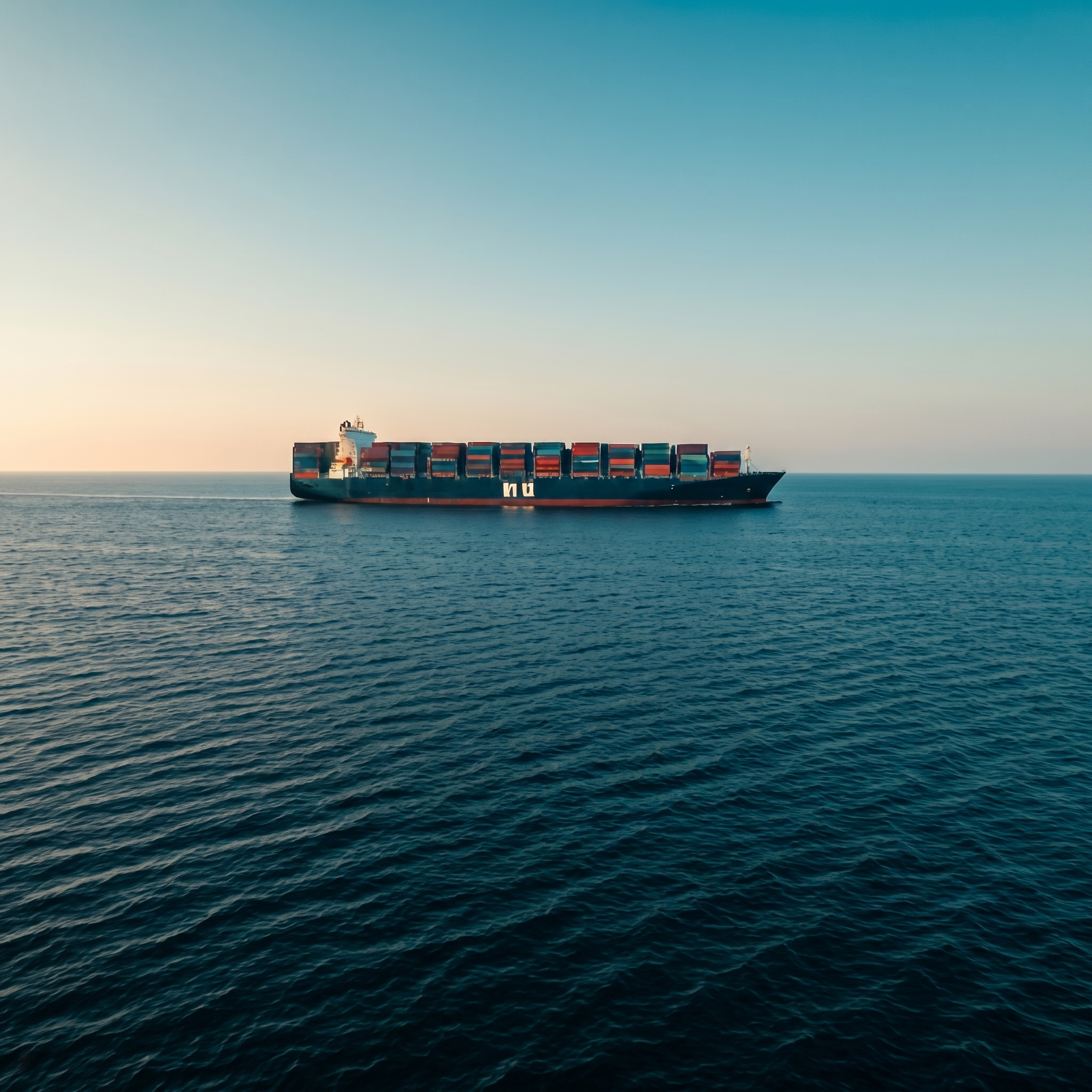 Container ship at sea representing global maritime freight.