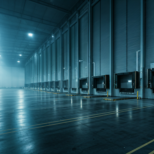 A modern logistics distribution center with loading bays and cold industrial lighting.